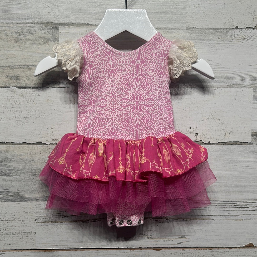 Girls Size Newborn Giggle Moon Pink and Yellow Tulle Skirted Onesie - Good Used Condition