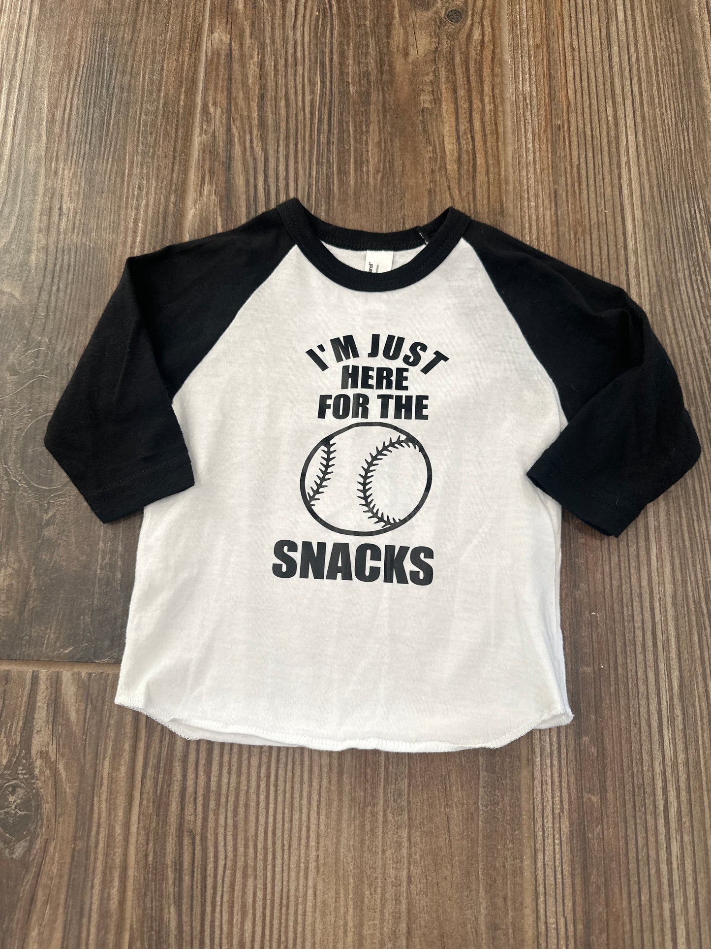 Boys Preowned Size 6-12m American Apparel Here for the Snacks Baseball Raglan Shirt - Good Used Condition