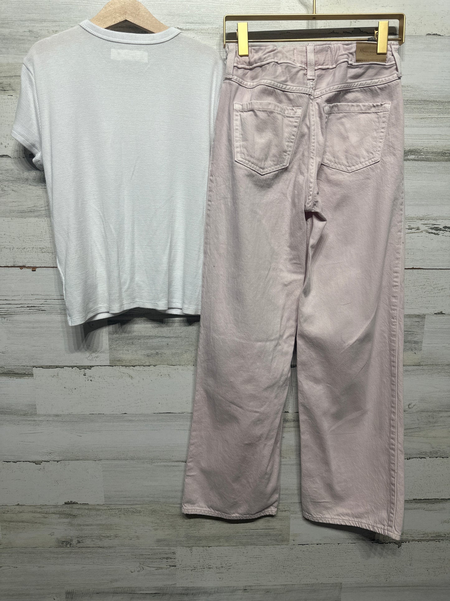 Size 9-10 Long Abercrombie Adjustable Waist High Rise Ultra Wide Leg Jeans and White Shirt - Good Used Condition