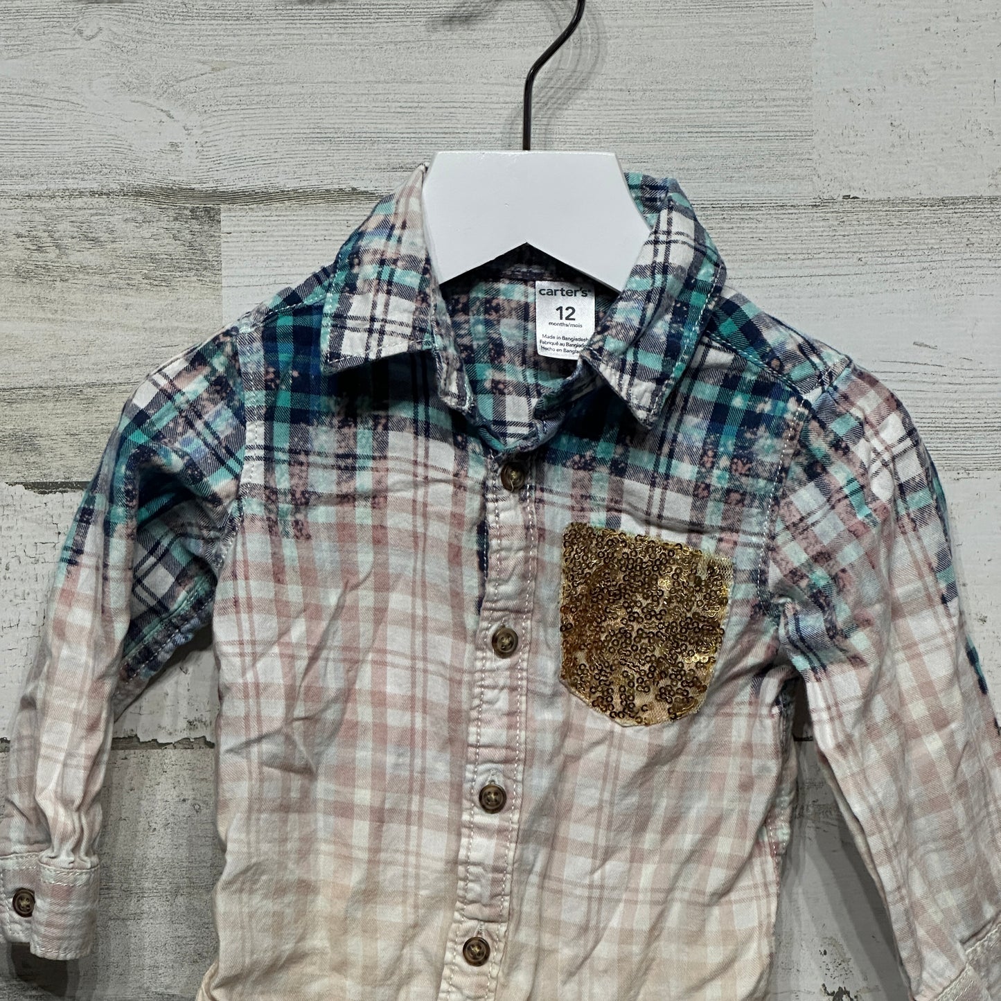 Girls Size 12m Carter's Bleached Sequined Plaid Shirt - Good Used Condition