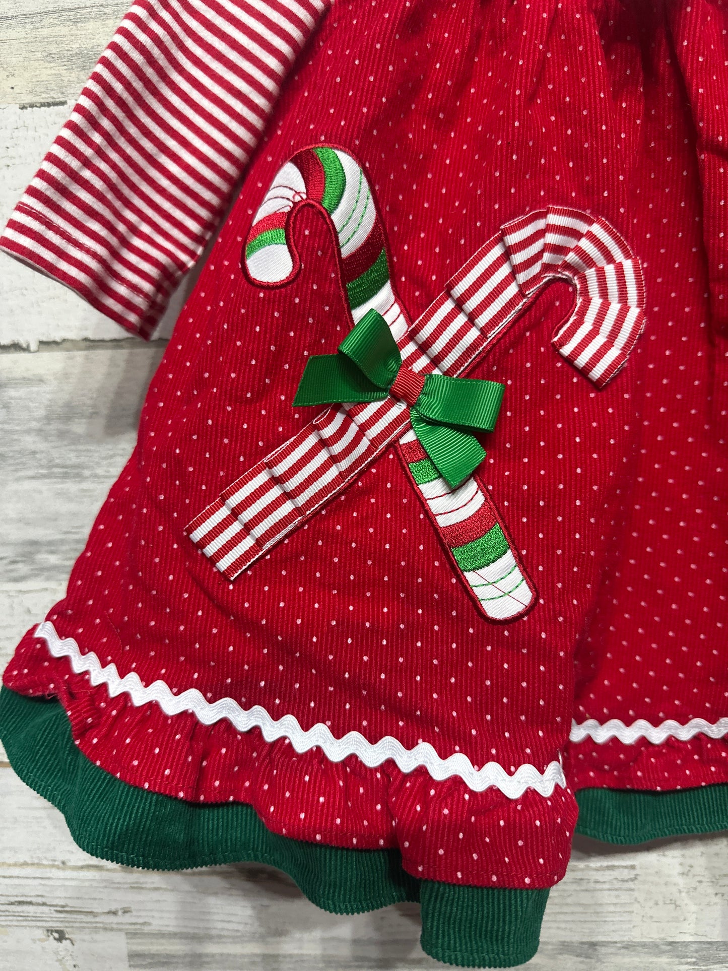Size 9m Candycane Applique Holiday Ric Rac Dress with Striped Undershirt - Very Good Used Condition