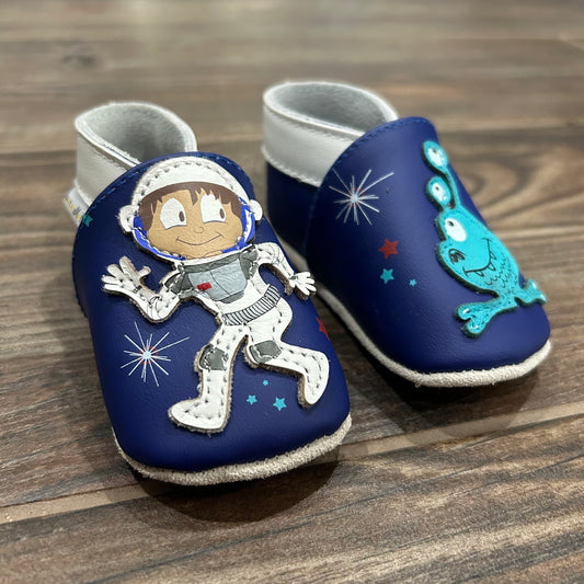 Boys Size 0-6m Lait Et Miel Leather Astronaut and Alien Soft Bottom Shoes - New Without Tags
