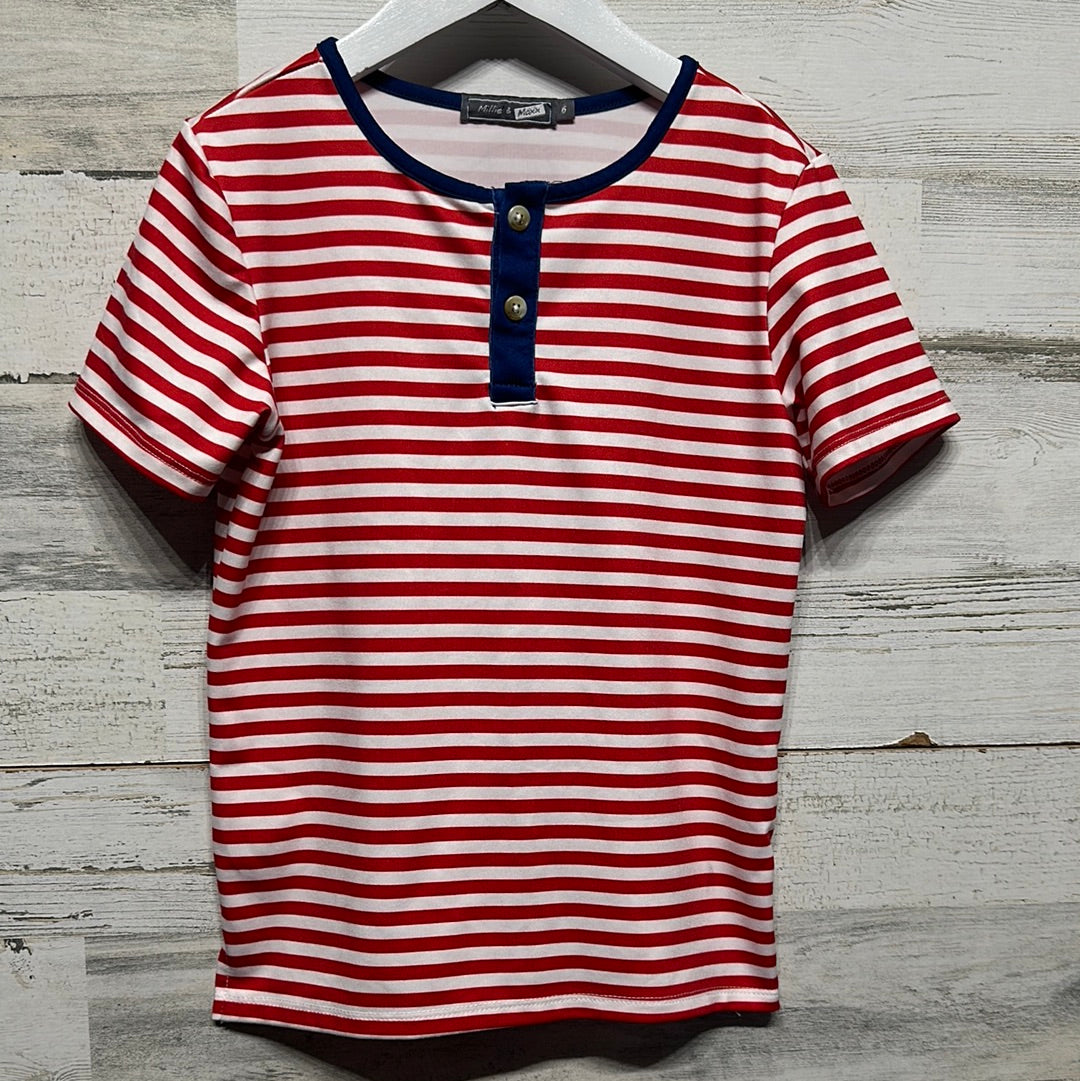 Boys Size 6 Millie and Maxx Red Striped Henley Shirt - Good Used Condition