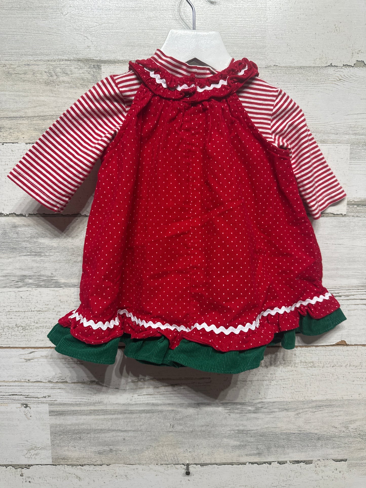 Size 9m Candycane Applique Holiday Ric Rac Dress with Striped Undershirt - Very Good Used Condition