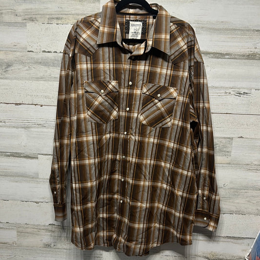 Men's Size XXL Rough Stock Panhandle Slim Brown Plaid Pearl Snap Shirt - New Without Tags
