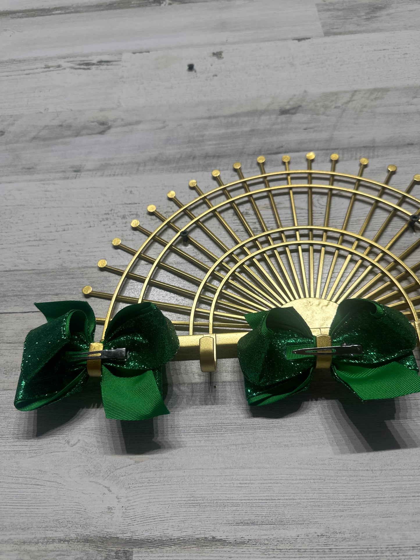 4.5” Set of Sparkle Green Hair Bows on Alligator Clips (Set of 2) - Good Used Condition