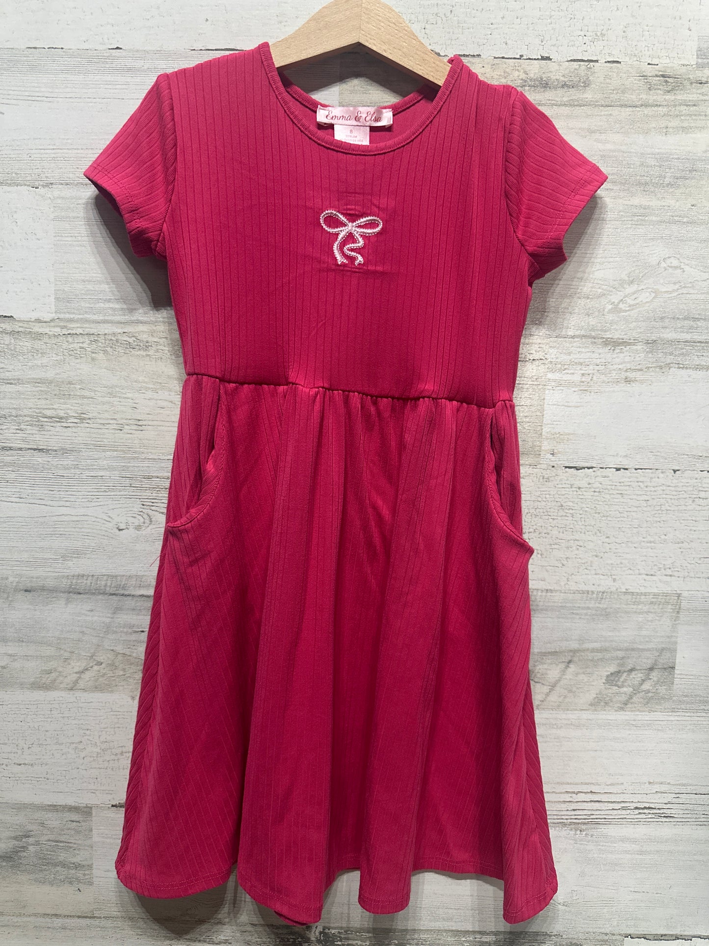 Girls Size 8 Emma & Elsa Pink Embroidered Bow Dress - Very Good Used Condition
