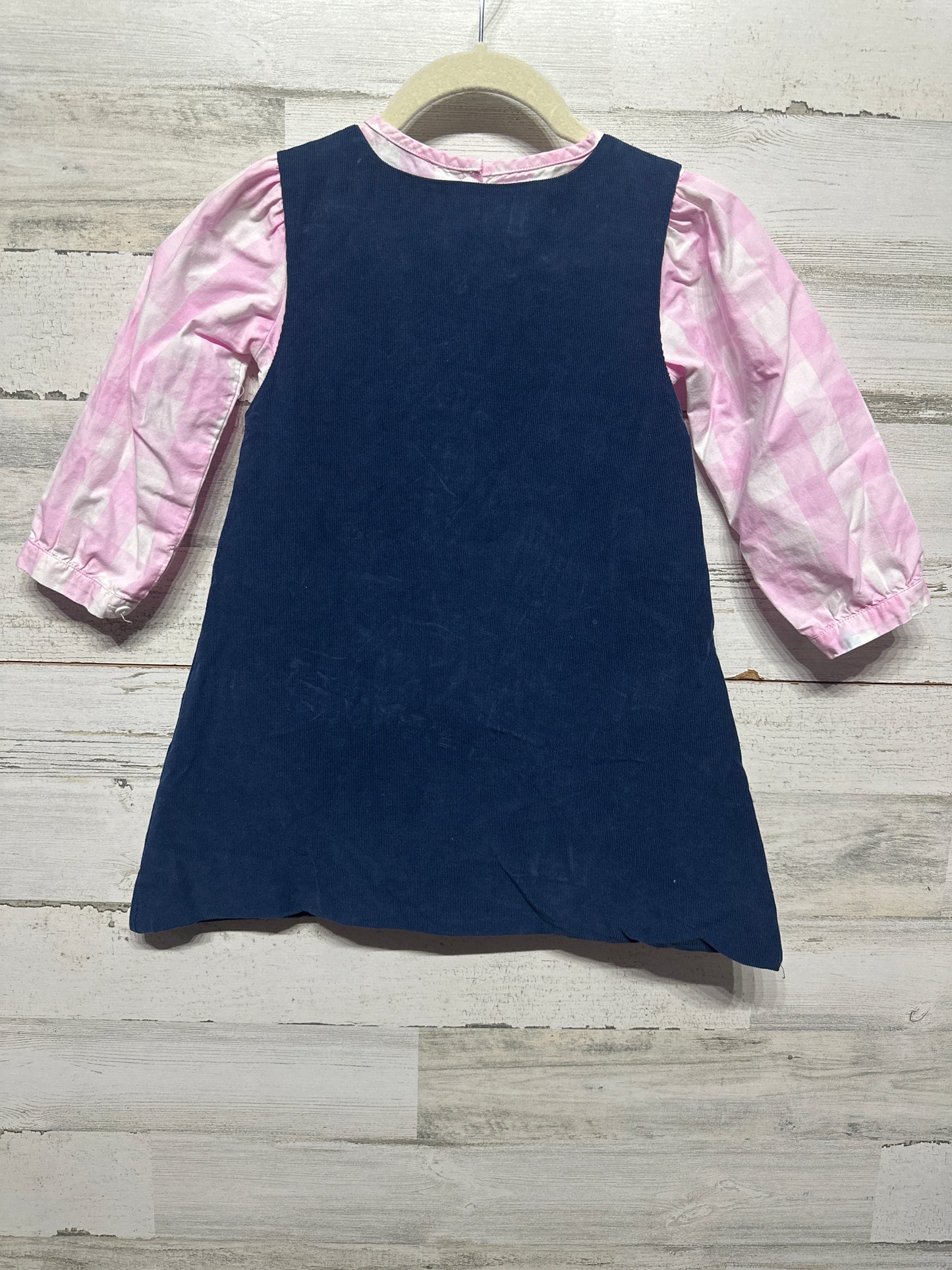 Size 5 Purple Pearl Smocks Navy Cord Dress With Pink Plaid Undershirt - Very Good Used Condition