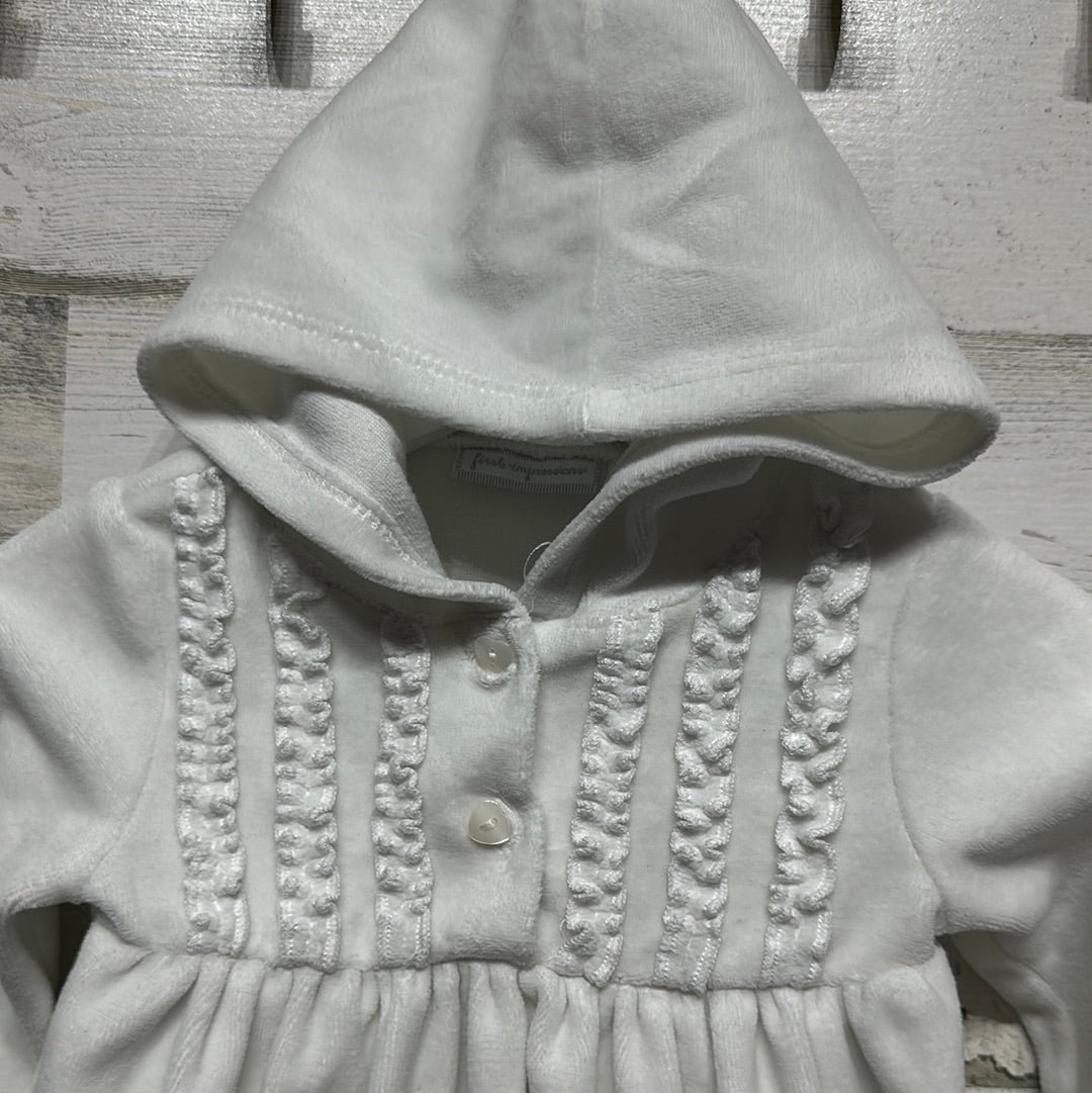 Girls Size 12m First Impressions White Velour Hooded Dress - Good Used Condition