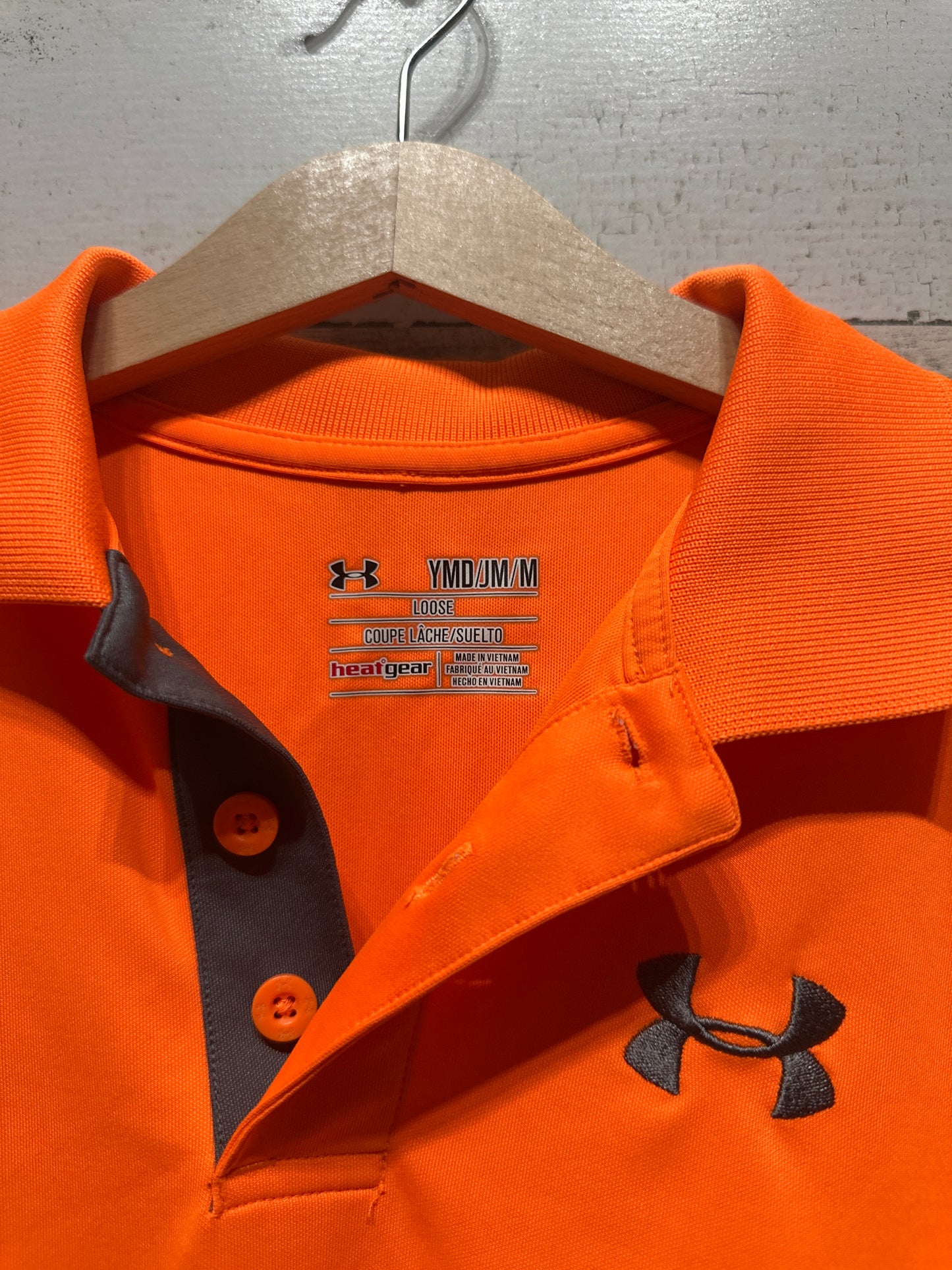 Boys Size Youth Medium (10/12) Loose Under Armour Orange Heatgear Polo Shirt - Play Condition*