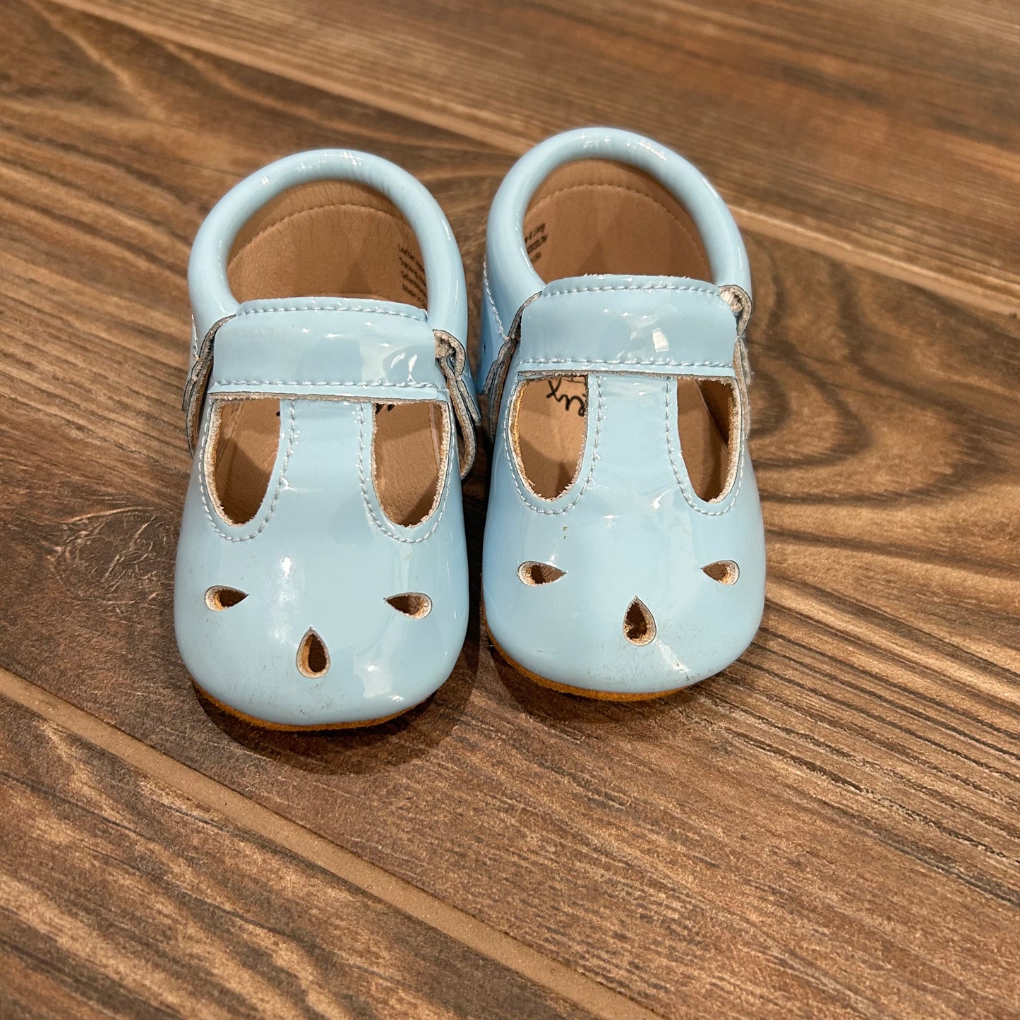 Size 6-12m Monkey Feet Light Blue Patent Shoes - Very Good Used Condition