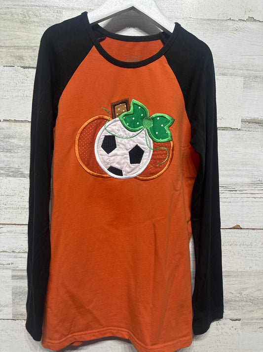Size 10 Sew Sassy Pumpkin Soccer Applique Shirt - Very Good Used Condition
