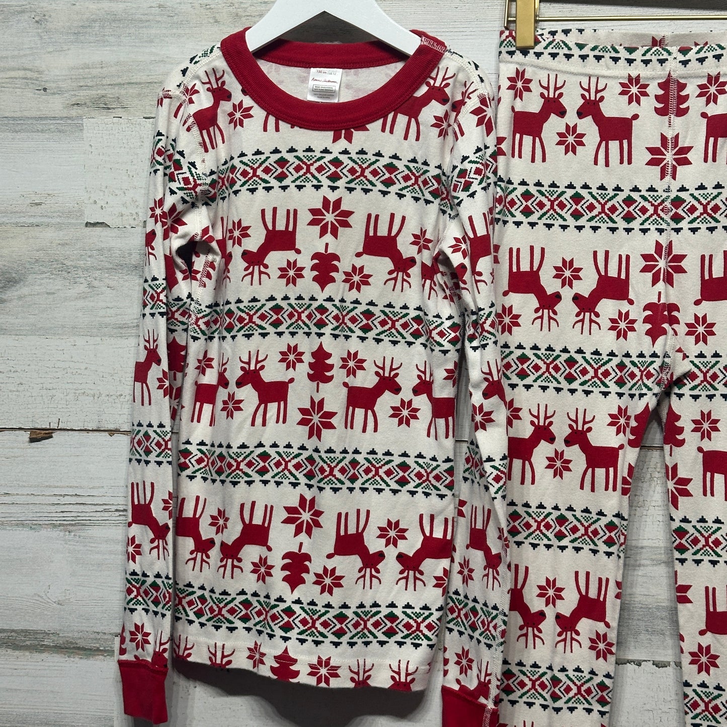 Size 12 (150 cm) Hanna Andersson Holiday Reindeer Two Piece PJ Set - Good Used Condition