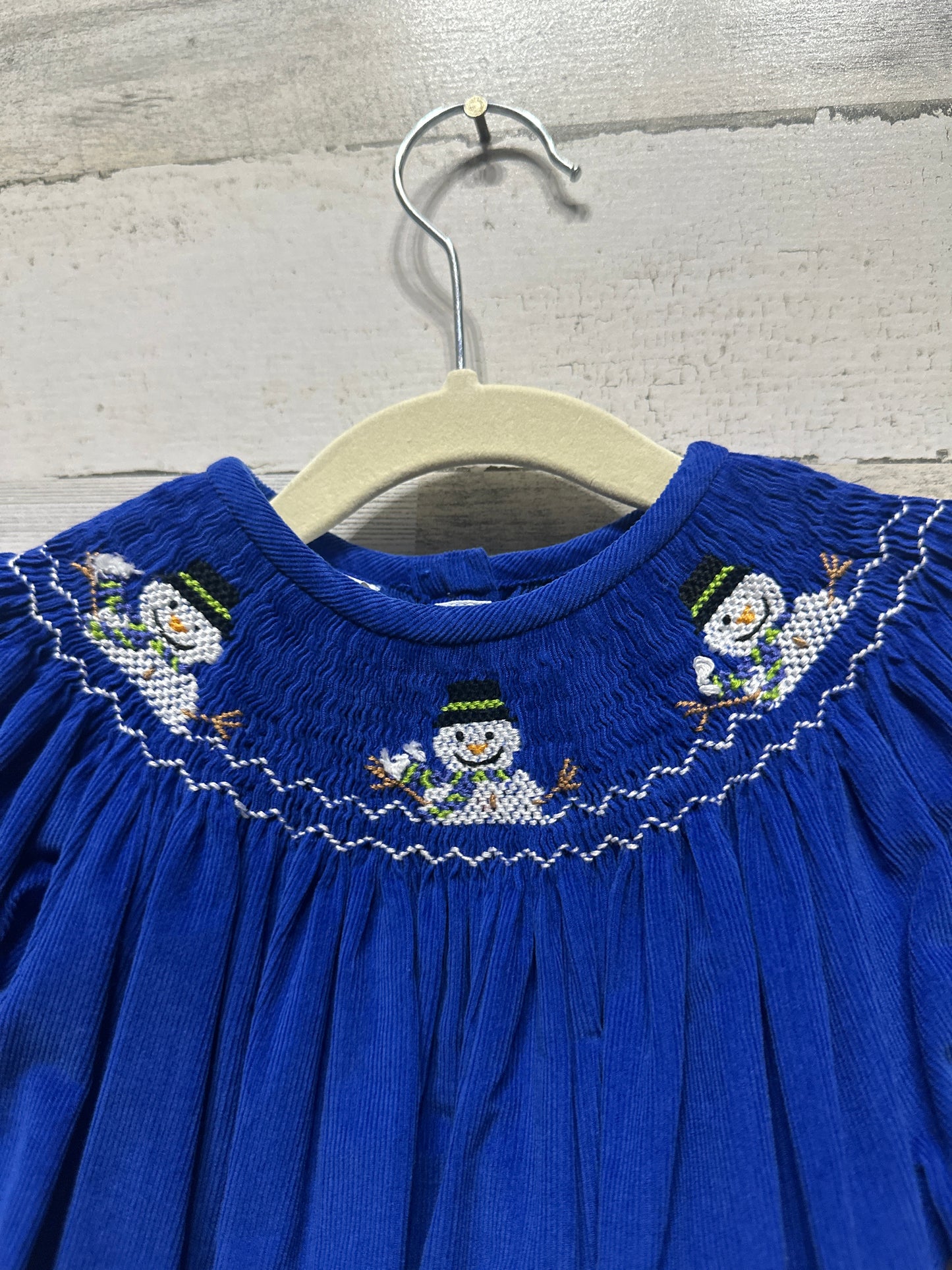 Girls Size 4t Vive La Fete Smocked Snowman Blue Cord Dress - Very Good Used Condition