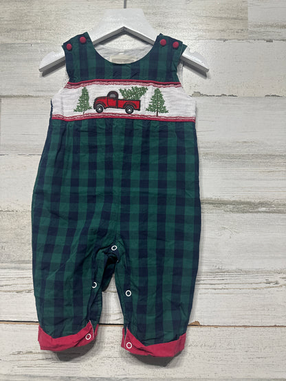 Boys Preowned Size 6-12m Lil Cactus Smocked Little Red Truck Holiday Longall - Good Used Condition