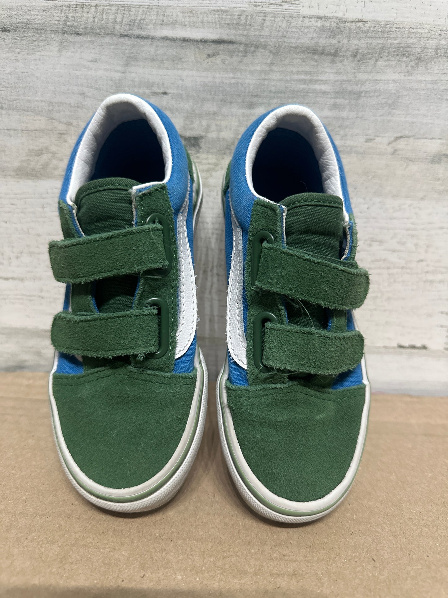 Size 12.5 (Little Kid) Van’s Velcro Green and Blue Shoes - Good Used Condition