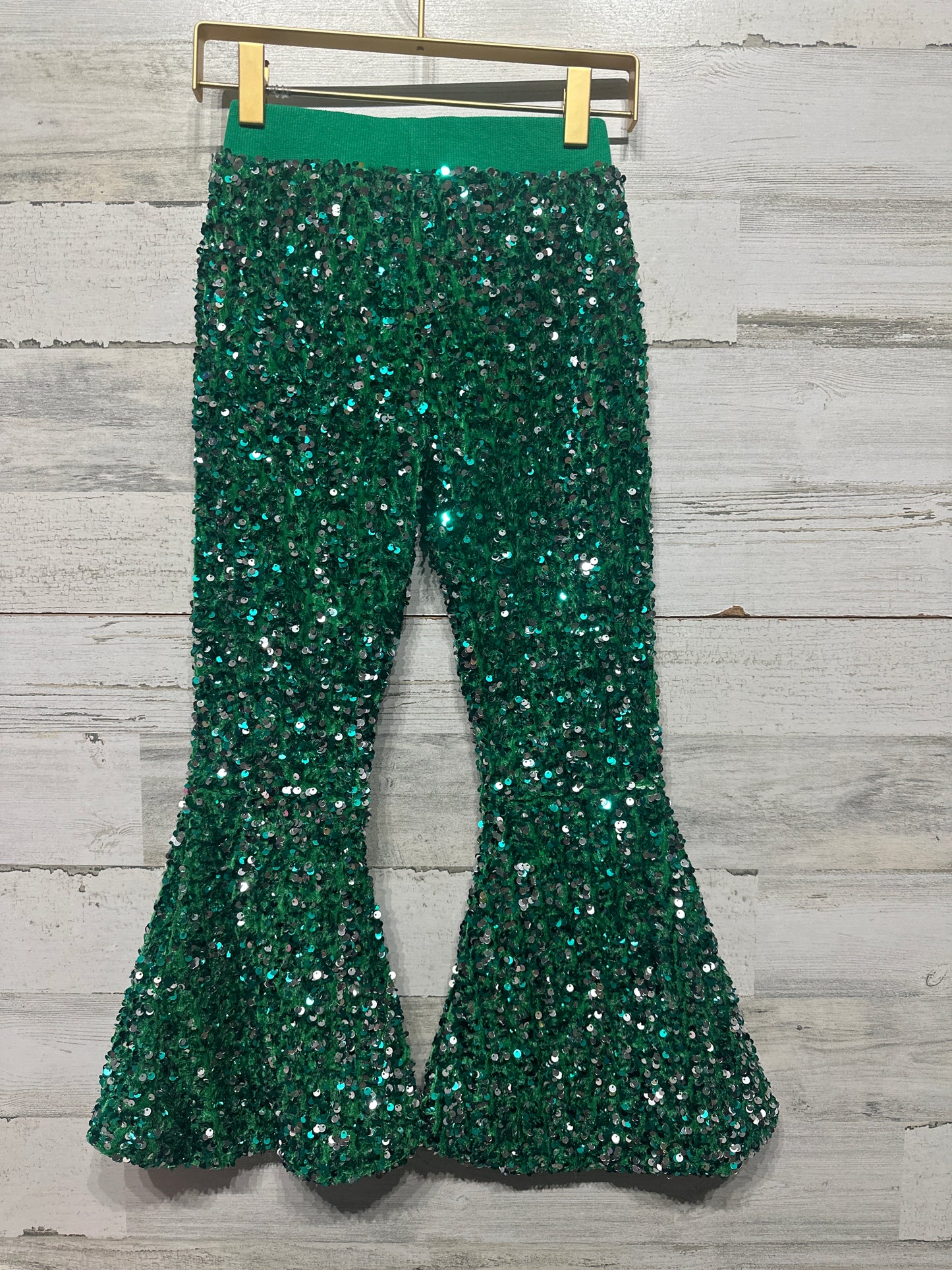 Girls Size 8-9 Green Sequined Flare Pants - Very Good Used Condition