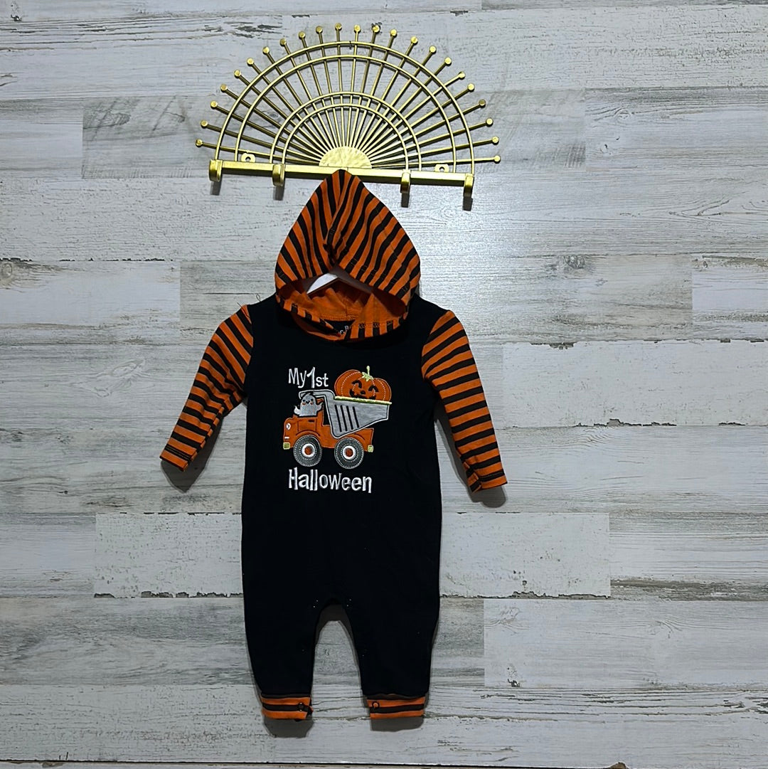 Boys Size 9m Baby Essentials ‘My First Halloween’ appliqué hooded romper  - very good used condition