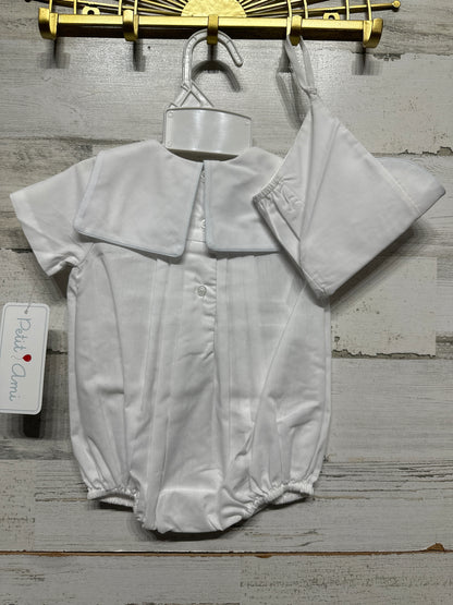 Boys Size Newborn Petit Ami Embroidered train romper with matching bonnet - New With Tags
