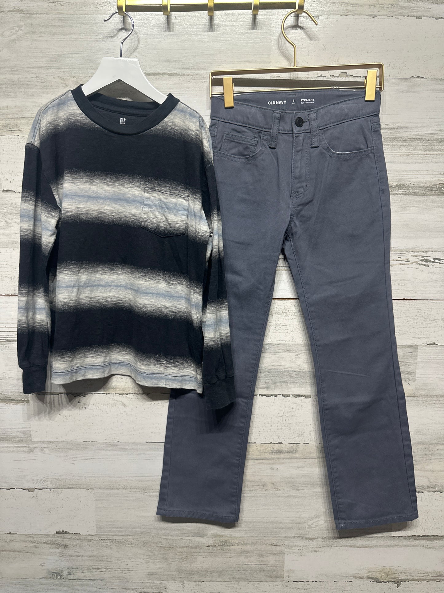 Boys Size 8 Gap Long Sleeve Shirt and Size 8 Slim Straight Old Navy Grey Pants - Very Good Used Condition