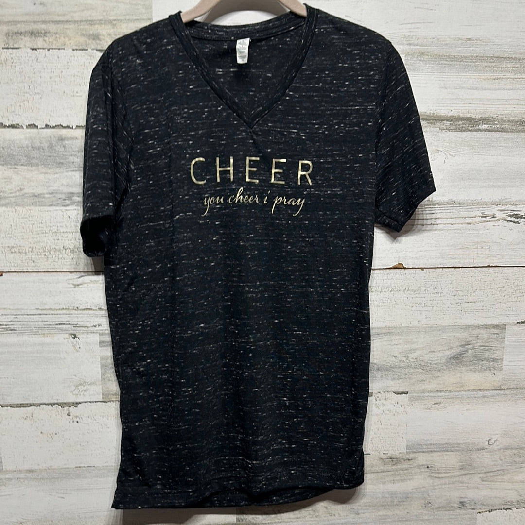 Women's Size Small You Cheer I Pray Black and Gold Shirt  - Good Used Condition