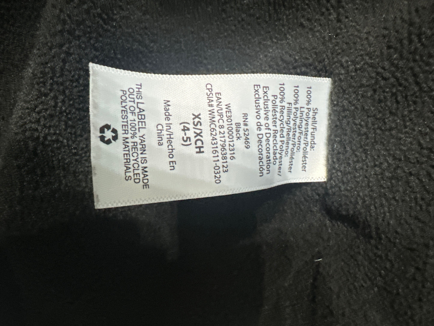 Black Fleece Lined Jacket Wonder Nation Kids XS 4-5 VGUC