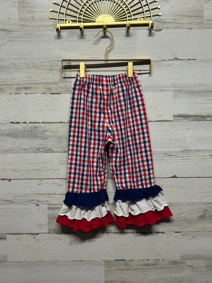 Girls Size 3t Red White and Blue Plaid Ruffle Pants - Good Used Condition