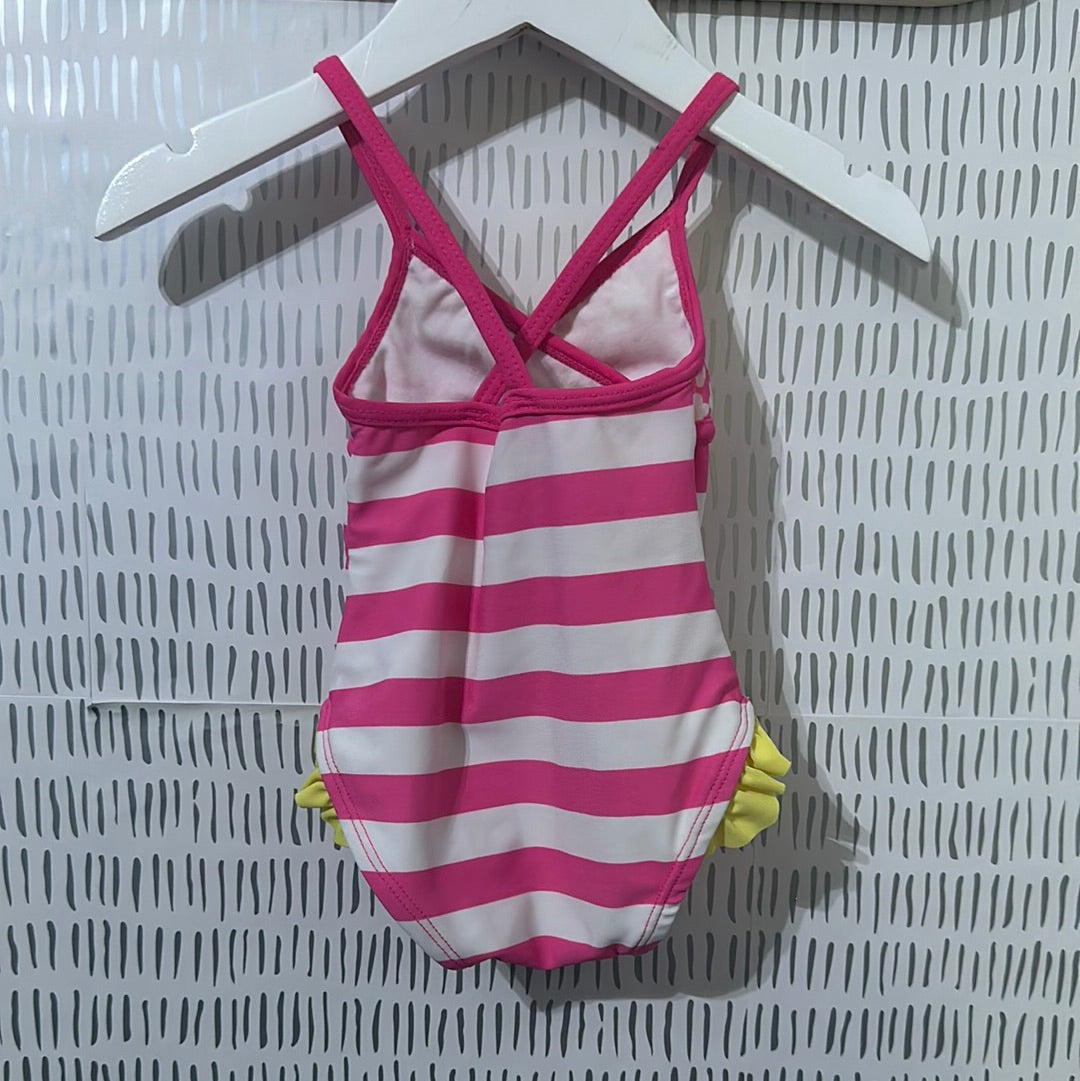 Girls Size 3-6m striped pink with yellow ruffles - one piece swimsuit - Good Used Condition