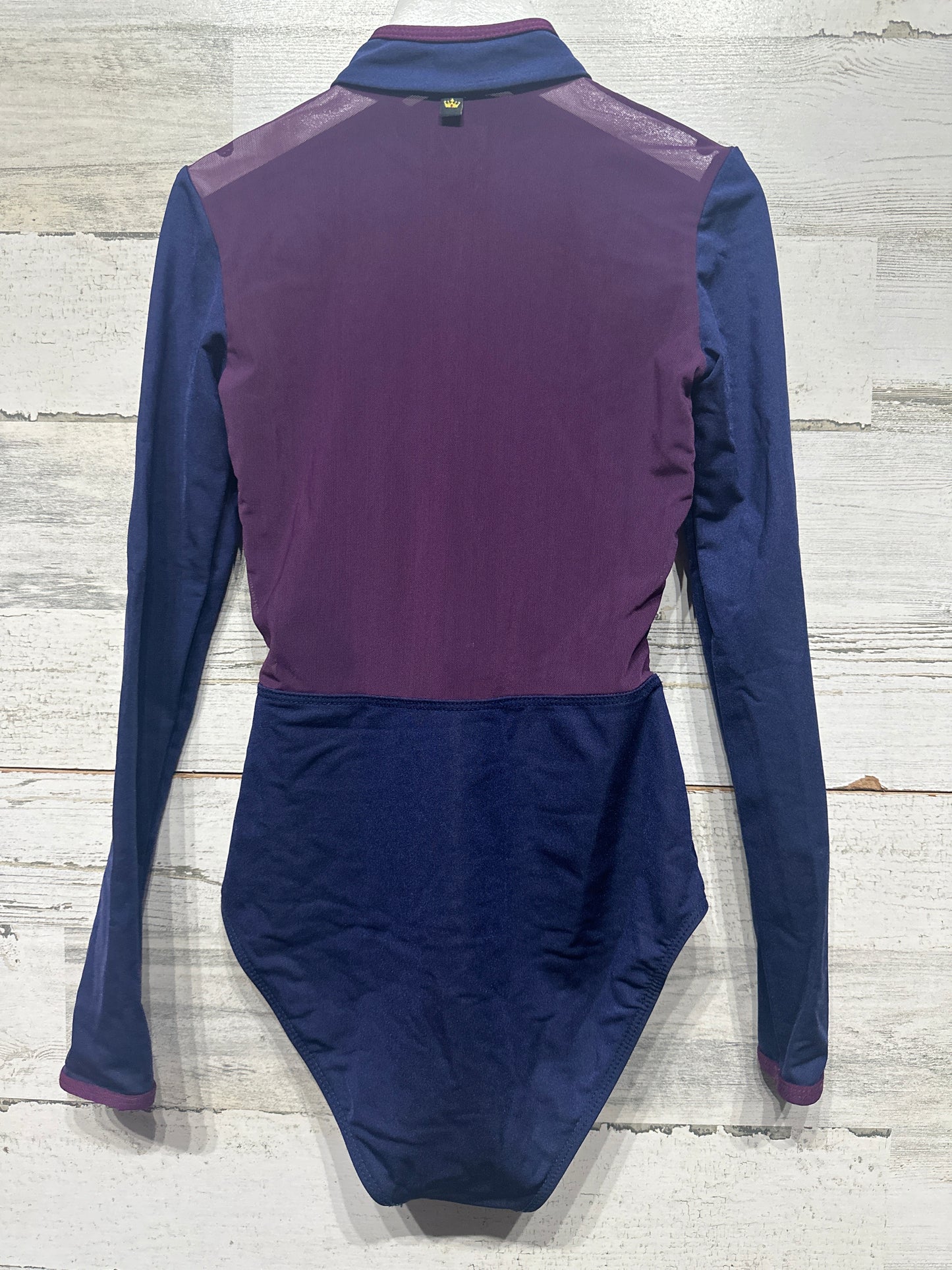 Girls Size Medium Child Navy and Purple Front Zip Long Sleeve Leotard - Good Used Condition