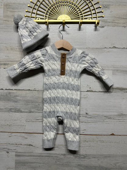 Boys Size 0-3m Hope & Henry Organic Cotton Sweater Romper and Matching Hat - Very Good Used Condition