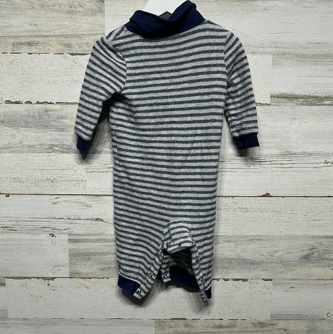 Boys Size 6-9m Cat and Jack Grey and Blue Striped Collared Romper - Good Used Condition