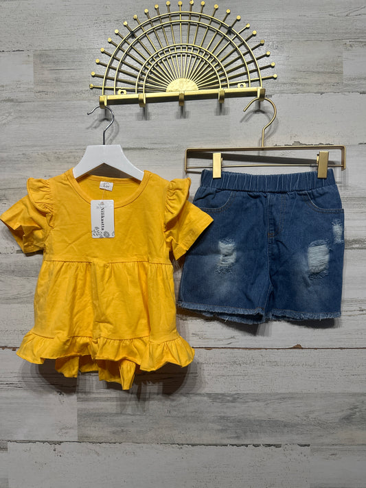 Girls Size 2-3 Yellow Ruffle Shirt and Distressed Denim Shorts Outfit Set - New With Tags