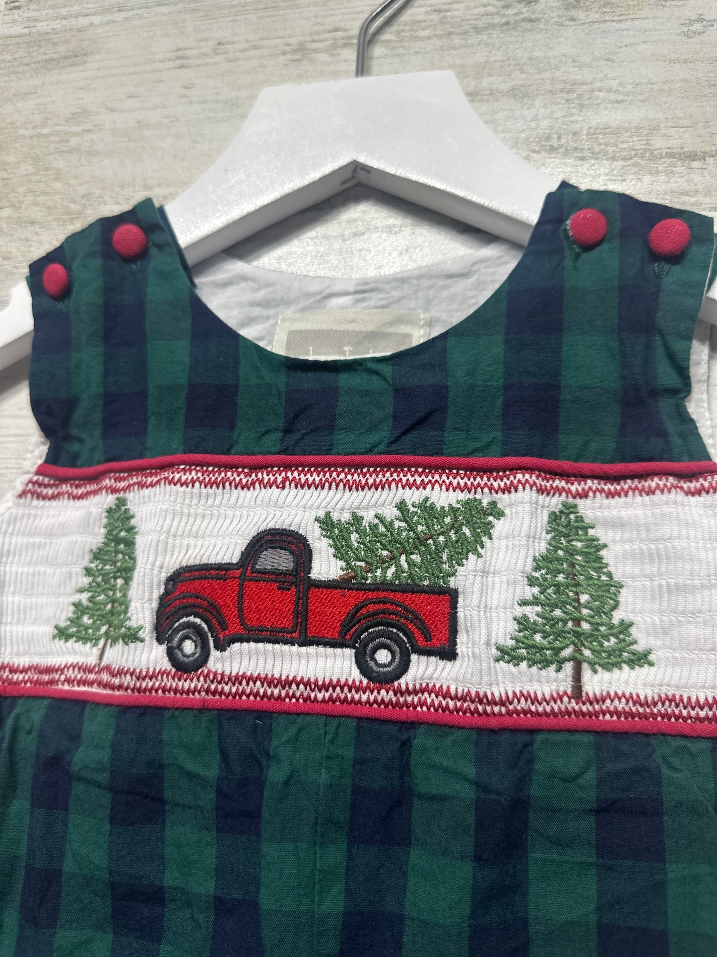 Boys Preowned Size 6-12m Lil Cactus Smocked Little Red Truck Holiday Longall - Good Used Condition