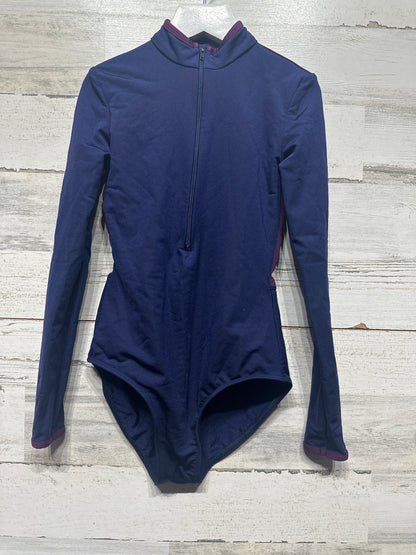 Girls Size Medium Child Navy and Purple Front Zip Long Sleeve Leotard - Good Used Condition