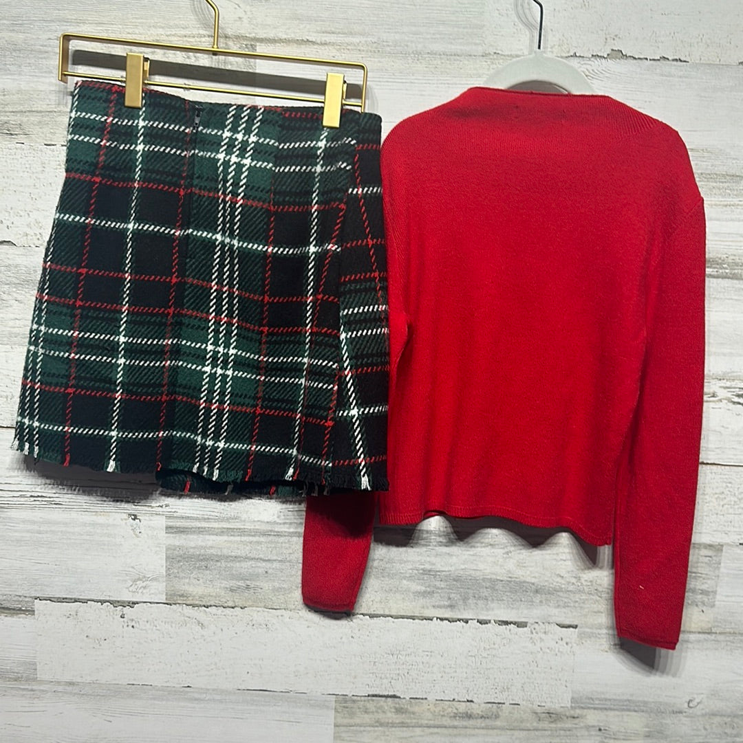 Girls Size Small / 8 GB Girls Set -  Red Sweater and Faux Wrap Plaid Skirt - Good Used Condition