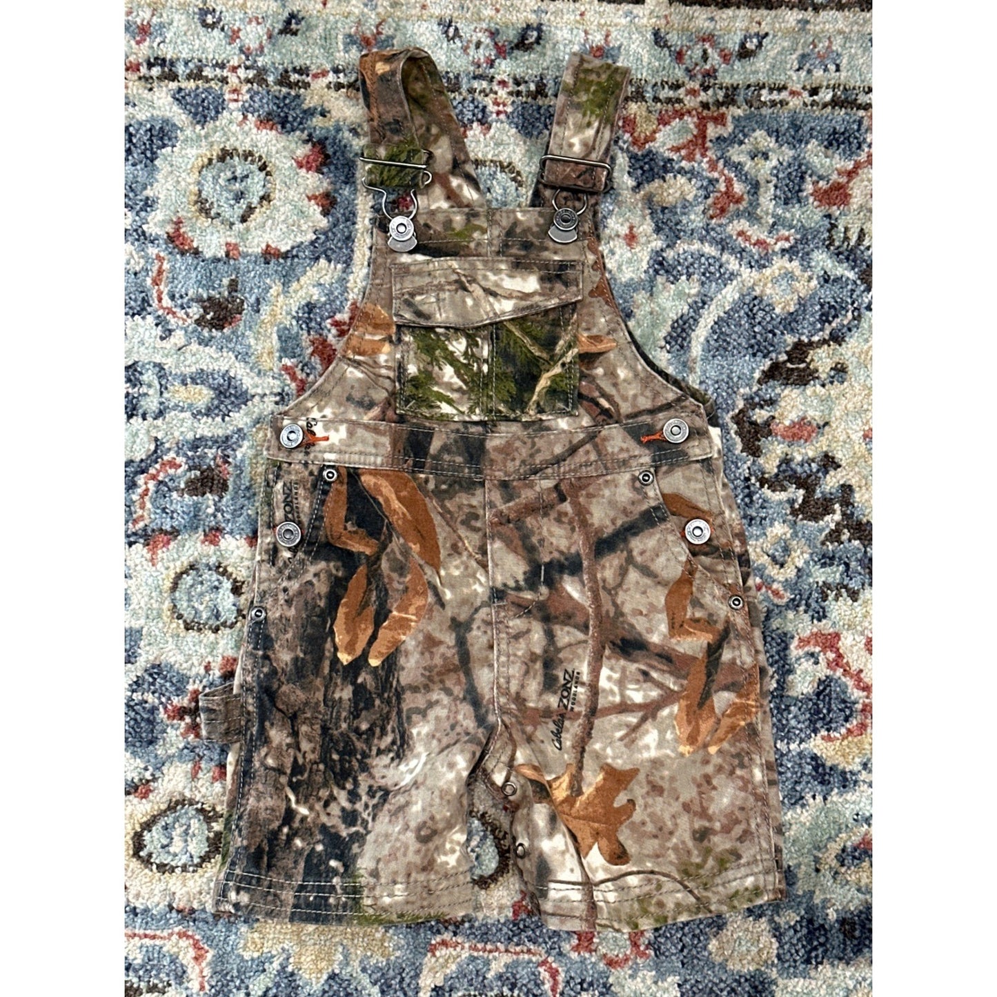 Cabela's Camo Overalls Kids 12-18M Brown Zonz Woodland Bib Shorts EUC