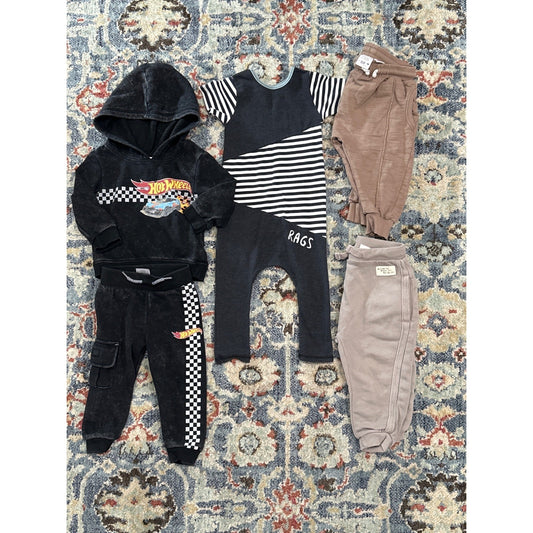 Rags Zara Hot Wheels Bundle Boys 12-18M Black Brown Checkered Romper Joggers GUC