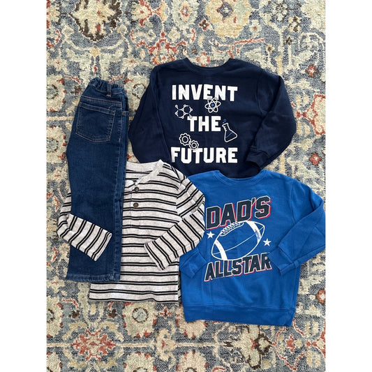 Boys 4T Bundle Long Sleeve Pants Blue Grey Striped Graphic Denim 4pc