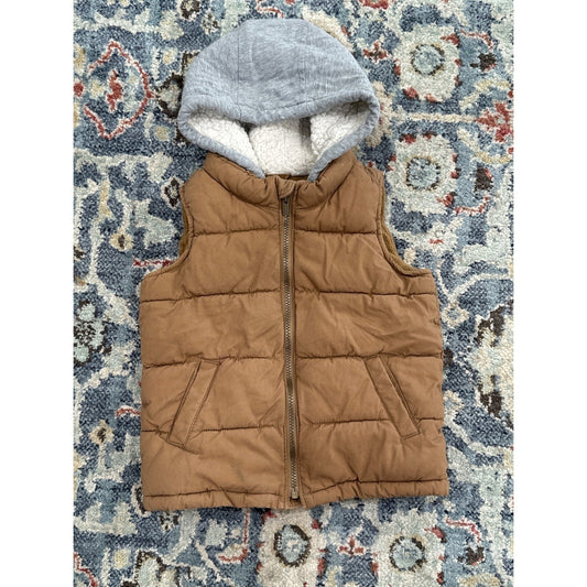 Old Navy Puffer Vest Boys 5T Brown Sherpa Lined Hooded Quilted EUC
