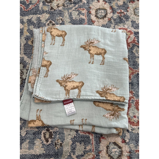 Milkbarn Muslin Swaddle Blanket Kids 47x47 Green Moose Print EUC