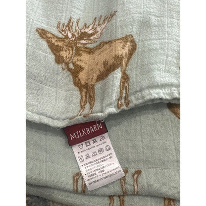Milkbarn Muslin Swaddle Blanket Kids 47x47 Green Moose Print EUC