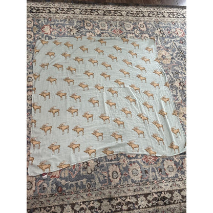 Milkbarn Muslin Swaddle Blanket Kids 47x47 Green Moose Print EUC