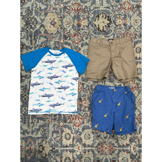 Lands End Mini Boden Hatley Shorts Shirt Bundle Boys 7 Blue Khaki Shark