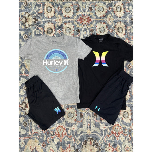 Hurley Under Armour Shorts T-Shirt Set Boys 7/8 Black Grey 4pc Bundle
