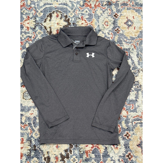 Under Armour Polo Shirt Boys Youth Medium Grey Long Sleeve Loose Fit EUC