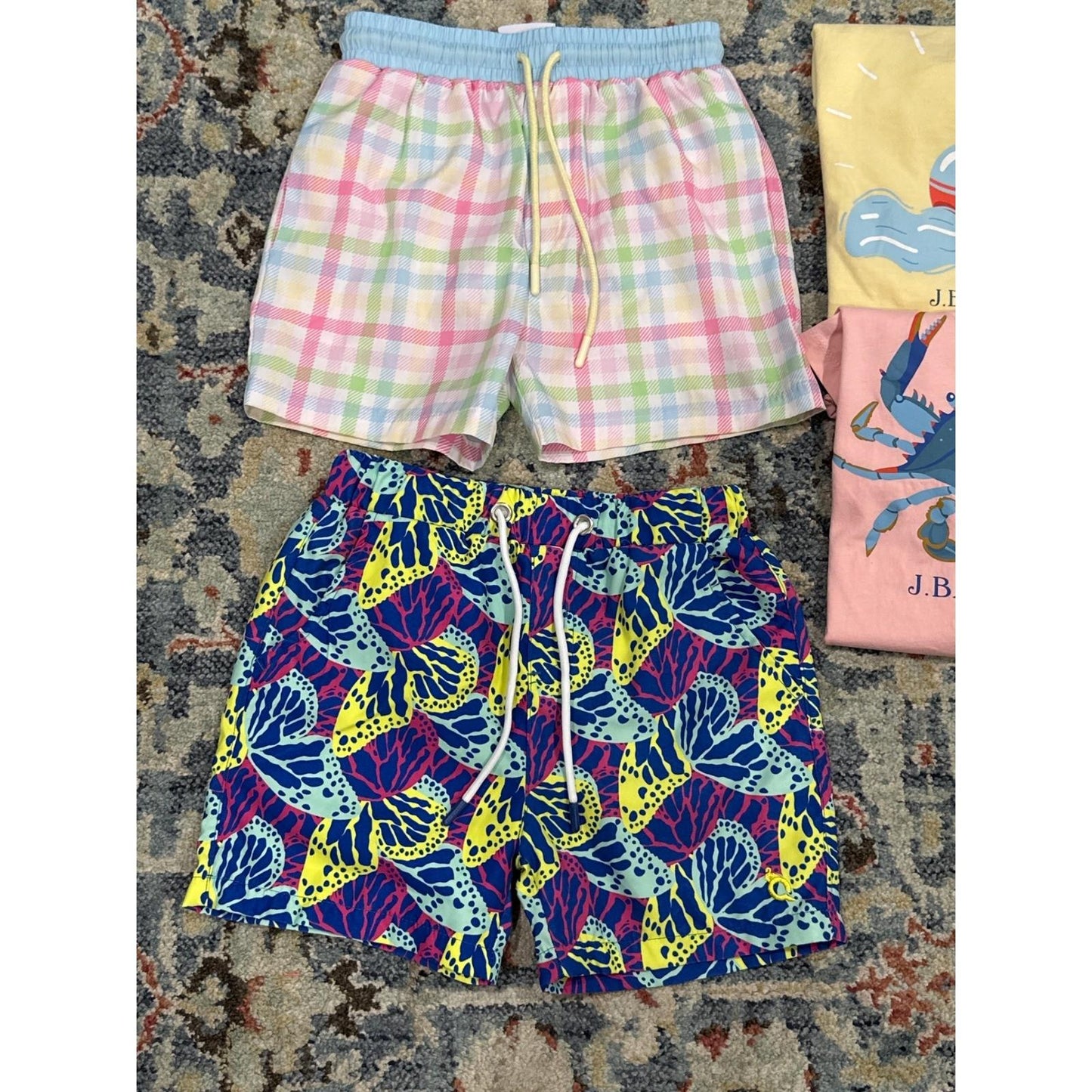 J. Bailey Swoon Baby Boys Size 7 Blue Pink Yellow Coastal Swim Tee Set EUC