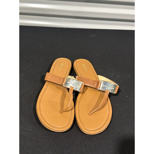 Michael Kors Thong Sandals Women 8M Tan Gold Logo Plate