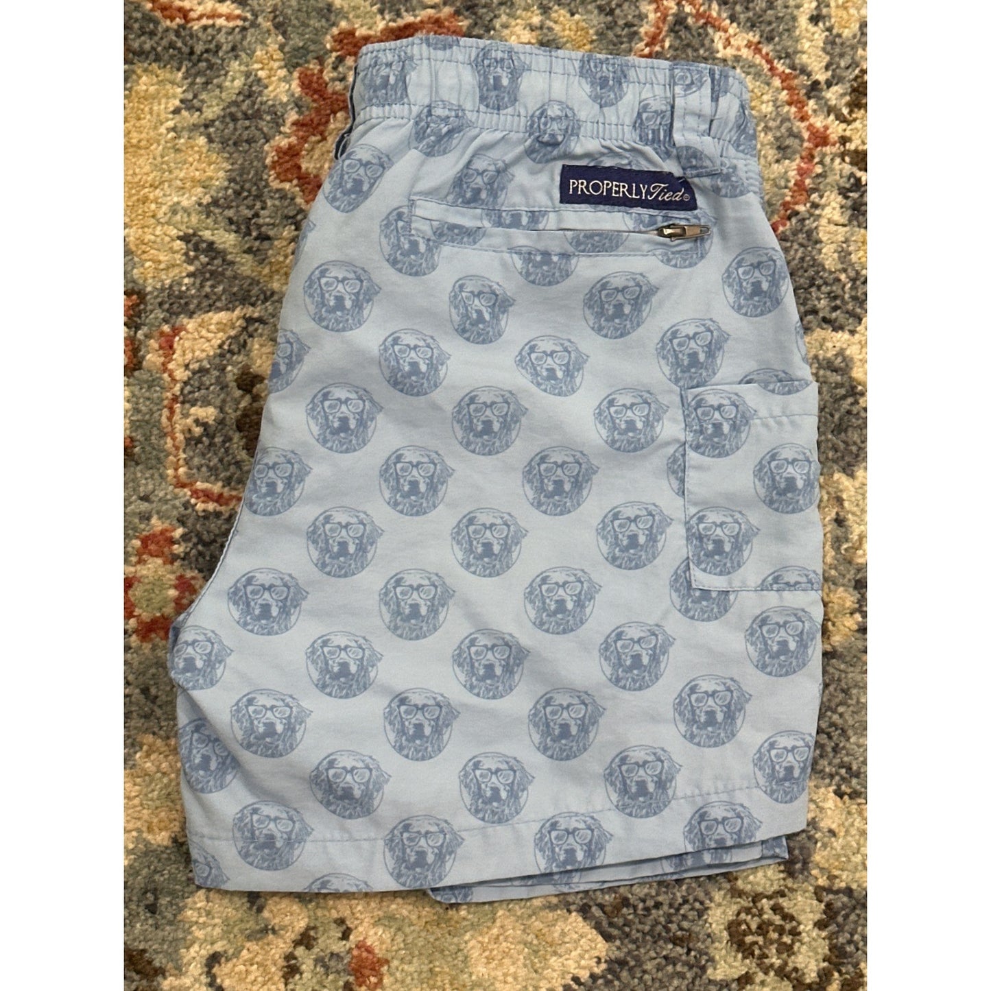 Properly Tied Mallard Shorts Boys Size 7 Light Blue Dog Print EUC