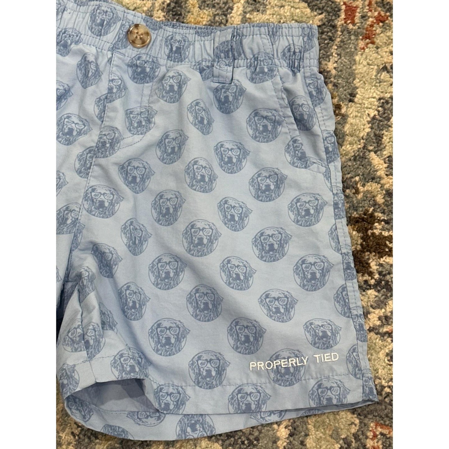 Properly Tied Mallard Shorts Boys Size 7 Light Blue Dog Print EUC