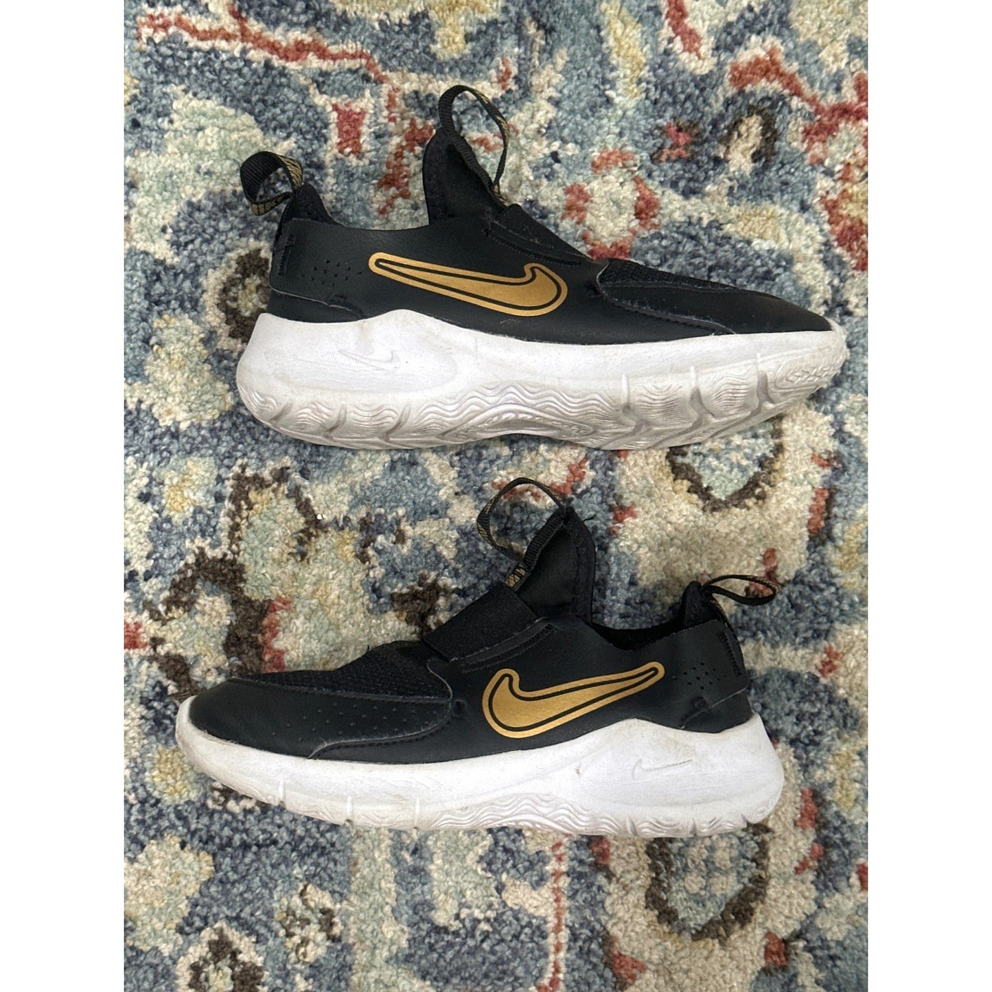 Nike Flex Runner 2 Sneakers Boys 13C Black Gold Slip On Athletic Shoes GUC